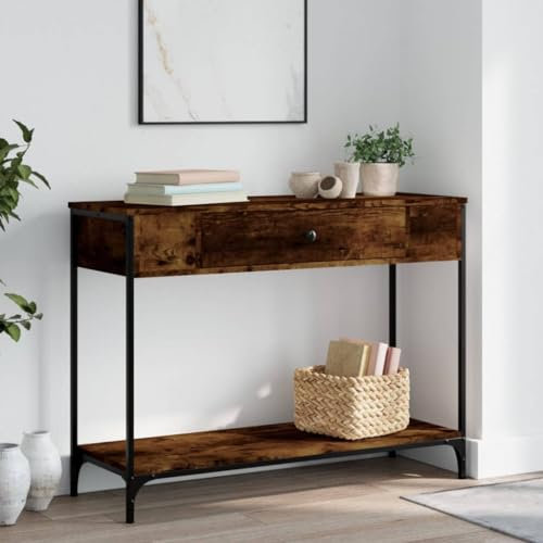 FENLAX Konsolentisch mit Schublade 100x34,5x75 cm Flurtisch mit Schublade Sideboard Konsolentisch mit Ablagen Telefontisch Holz Couchtisch Holzwerkstoff&Metall Räuchereiche