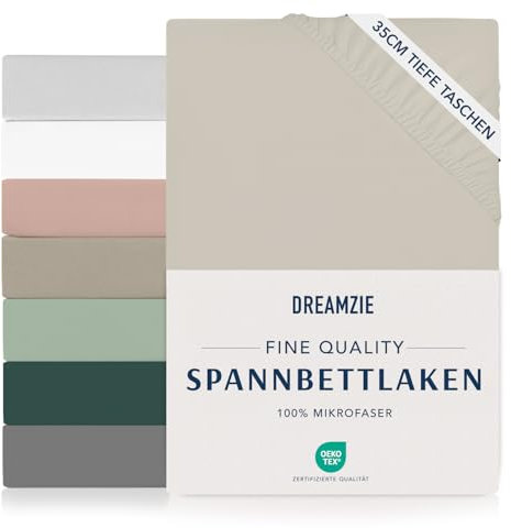 Dreamzie Spannbettlaken 180x200cm - 35 cm Tiefe Tasche - 100% Mikrofaser Bettlaken - Beige, Schadstoffgeprüft(Oeko TEX), Bettlaken mit Gummizug