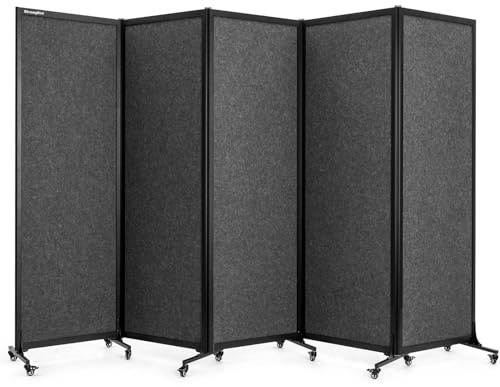Upgrade Version Room Partition and Divider, Freestanding Rolling Dividers with Wheels,Office Privacy Screen Divider Wall,Classroom Felt Dividers,10'6L* 6'7H,5 Panel，Dark Grey