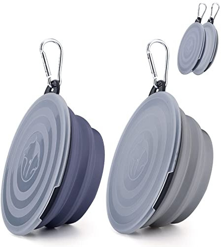 2 Stück Faltbare Reisenäpfe,Haustier Hundenapf mit Deckel und Haken Tragbare Silikon Trinkschale für Katzen,Hunde Reise Wanderungen and Camping (kühl grau und violett, klein)