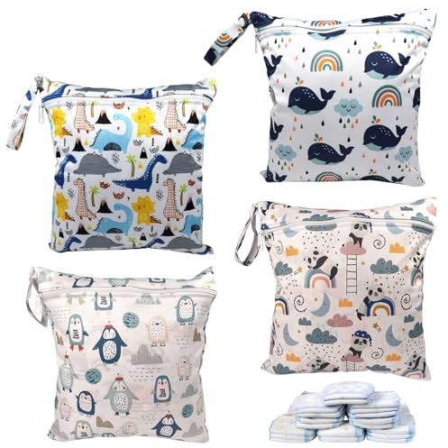 WANDGU 4 Stück Wetbag Kindergarten: Wickeltasche wasserdichte, mit Doppelreißverschluss Nasse Trocken Wickeltasche, Schwimmsachen Nassbeutel, Wet Dry Bags, Wiederverwendbare für Reisen, Baby