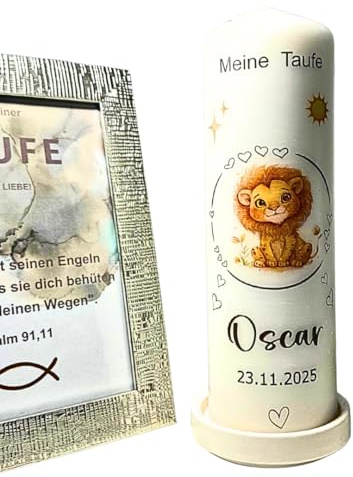 Personalisierte Taufkerze mit Motiv Löwe für Jungen und Mädchen zeichnet sich durch ein modernes und zeites Design aus, das sie einer idealen Wahl für jede Tauffeier macht