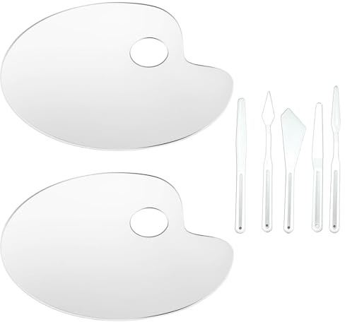 2 stycken akrylfärgpalett klar, oval konst palett konstpalett blandpalett med 5 st målningsknivar plast för hantverk gör-det-själv måleri konst 25 cm x 15 cm