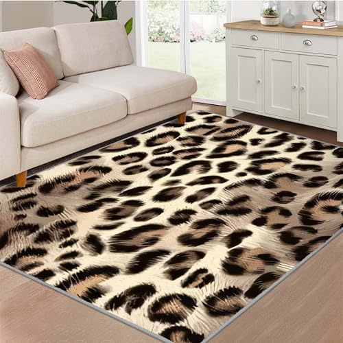 AUWUUA Tappeto Lavabile per Soggiorno con Stampa Leopardata 250x300cm Tappeto Antiscivolo per Camera da Letto, Marrone, Tappeti con Motivo a Pelliccia di Animali Selvatici per la Camera dei Bambini