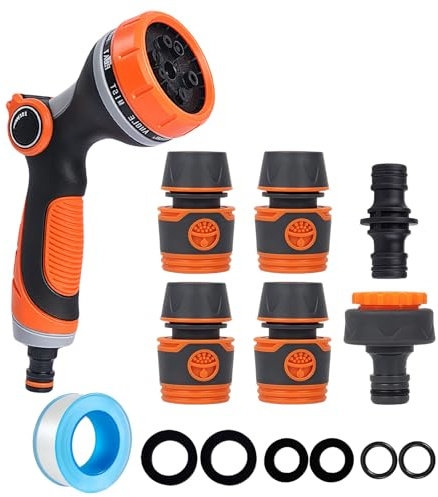 Garden Hose Pipe Spray Gun,Garden Hose Nozzle with Tap Hose Connectors Fittings Set,Multi Adjustable Patterns High Pressure Water Hose Spray Gun for Garden Plants,Pets Bathing,Car Cleaning