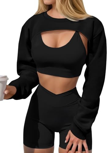 Yousify Womens Cropped Sweatshirt Shrugs Long Sleeve Workout Gym Cover Ups Bolero Shrug Y2k Super Crop Tops Black