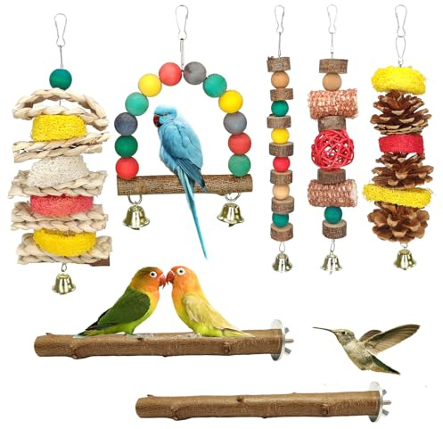JOREWOOD 7 Pcs Natural Wood Bird Toy & Perch for Parakeets, Cockatiel & Lovebird, Budgie Play Accessory for Small Parrots Indoor Cage