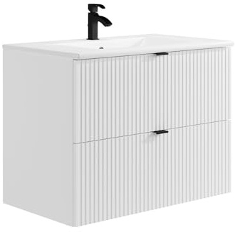 Vente-unique - Meuble de Salle de Bain Suspendu strié avec Vasque à encastrer - Blanc Mat - 80 cm - ZEVINI