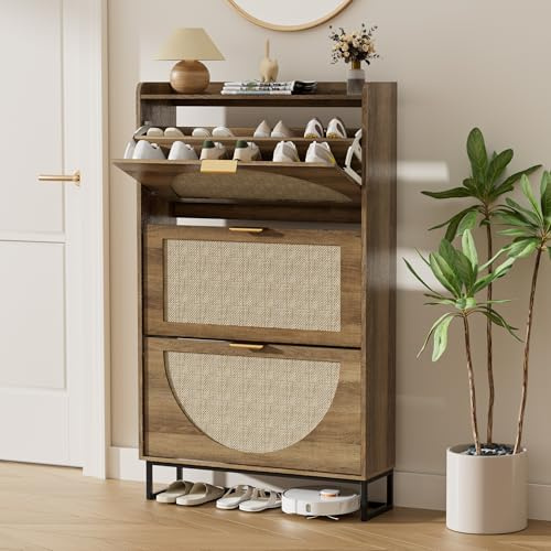 BonVache Schuhkommode mit 3 Klappfächern, Großer Rattan Schuhschrank Schmal Holz, Schuhaufbewahrung mit Stauraum Für Flur Eingangsbereich, Wohnzimmer, Schlafzimmer, 80x24x135cm