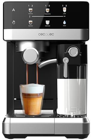 Cecotec Macchina Espresso Power Espresso 20 Touch & Cream Pastiglie Decalcificanti. 1350W, 20Bar, Display Touch Ricettario, Schiumatore, Thermoblock, Serbatoio Latte 500ml, Acqua 1.8L, Autopulizia