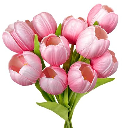 10 Stück Künstliche Tulpen Rosa, 28cm Real Touch PU Kunstblumen, Kunsttulpen & Fake Blumenstrauß für Tischdeko, DIY Blumenarrangements, Muttertag, Valentinstag, Wohn- & Bürodekoration, Grabblumen