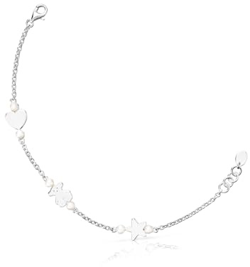 TOUS Pulsera para Mujer de Plata de Primera Ley y Perlas, 17.5cm de Largo, Colección Real Sisy