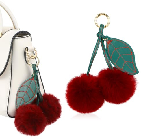APLZGMG Cherry Pom Pom Keychain, Cute Cherry Bag Charms for Women, Fluffy Pompom Keychains Charm, Plush Pendant Accessories for Handbags Purse Backpack Car, Christmas New Year Gifts