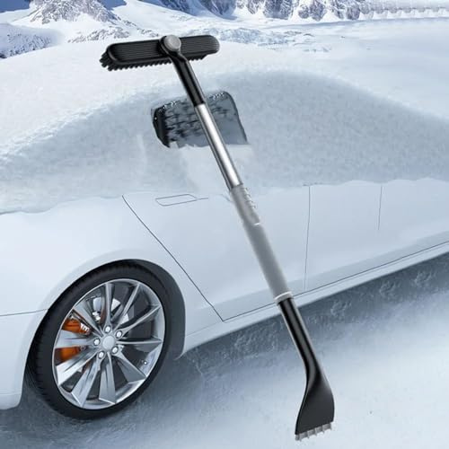 Torcarvh 3-in-1-Schneebürste und Eiskratzer für die Windschutzscheibe, ausziehbarer Schneeräumer, 360° schwenkbarer Fahrzeug-Winterschaufel-Bürsten-Schneekratzer mit langem Griff (Grau)