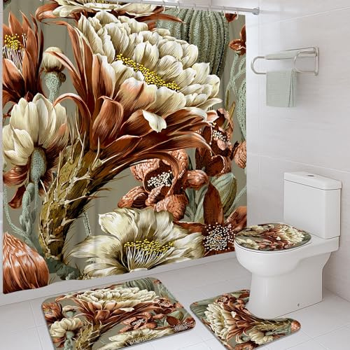 Set di tende da doccia con cactus, design botanico naturale con petali di fiori verdi primaverili, in poliestere, impermeabile, set di tende da doccia e tappeto, decorazione per bagno, vasca da bagno