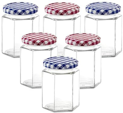 HLGND Glass Jam Jars Set of 6, Wide Mouth 280ml Hexagonal Glass Jar