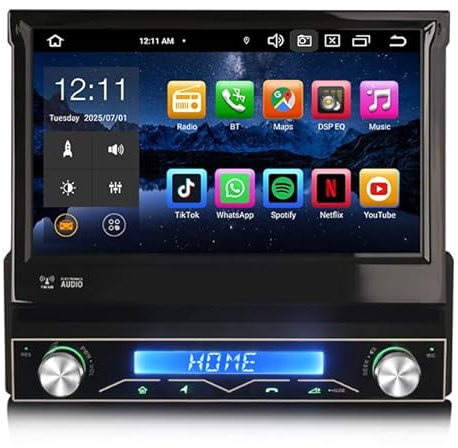6GB+128GB 7 Pulgadas Android 14 Retráctil Universal 1 DIN Autoradio GPS Navegador para Coche Inalámbrico Carplay y Android Auto DSP Bluetooth 5.0 A2DP WiFi Dab+IPS Pantalla táctil OBD2