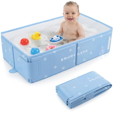Orzbow Bañera Bebe Plegable con Pegatina de Temperatura, Azul | Portátil Bañera Bebe Plegable, Banheira Bebe de 6 Meses+, Fácil de Limpiar, Estable y Duradera, Pliega Almacenar