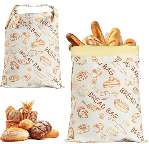 2PCS Beeswax Bread Bags, Extra Large Bread Storage Bags with Natural Beeswax Lining & Zip Closure,Reusable Cotton Linen Beeswax Food Storage Bags for Sourdough & Artisan Loaves (B)