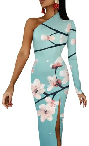 Vestidos de mujer con hombros descubiertos y flores de cerezas, vestido largo de media manga con abertura, vestido de cóctel, Estilo:, S