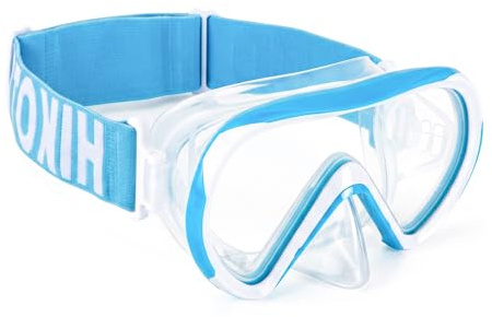 HIKOTEY Snorkelmask för barn med elastiskt tyg, 180° panoramautsikt dykmask med härdat glaslinser, anti-dimma, anti-läckage-teknik, simglasögon barn med nässkydd för ålder 4-16 (blå-vit)
