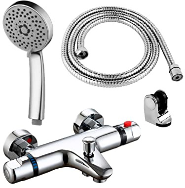 DP Grifería - Grifo ducha y bañera termostático, incluye alcachofa, manguera y soporte. Serie Extremadura