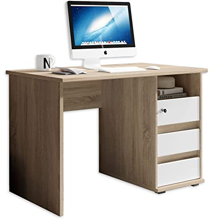 PRIMUS 1 Schreibtisch mit Schubladen, Sonoma Eiche Optik / Weiß - Bürotisch Computertisch fürs Homeoffice mit Stauraum und offenem Ablagefach - 110 x 75 x 65 cm (B/H/T)