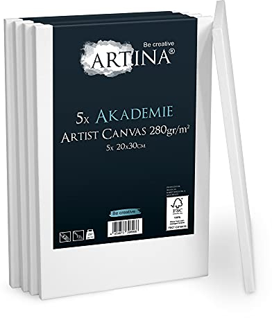 Artina FSC® Keilrahmen 5er Set Akademie 20x30 cm – Leinwand Set Maltuch aus 100% Baumwolle Leinwände 280 g/m² - Keilrahmenset Leinwand zum Bemalen für Acryl-, Aquarell-, Ölfarbe uvm