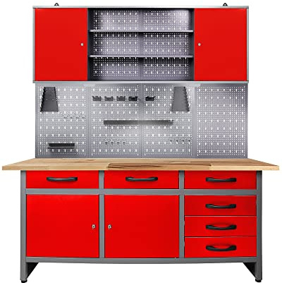 Werkstatteinrichtung Werkstatt rot-Werkbank, Hängeschrank, Euro-Lochwand mit Haken + LED-Lampe