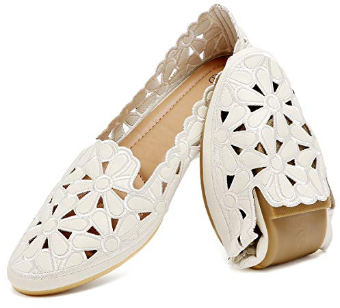 HEAWISH Women's Floral Ballet Flats for Women Black Beige Slip On Flowers PU Leather Round Toe Dress Shoes(Beige,US8)