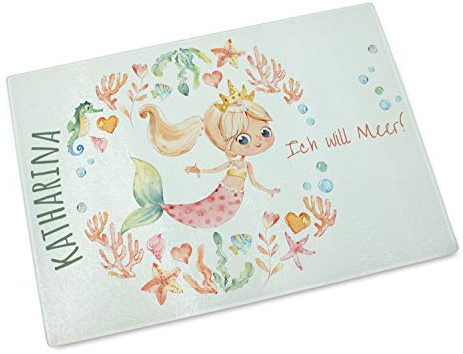 GRAZDesign Schneidebrett aus Glas, personalisiert Name für Kinder, Geschenk, Frühstücksbrett Meerjungfrau