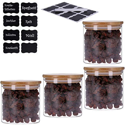 TALK-POINT 4er Set Vorratsdosen aus Glas mit Bambusdeckel Vorratsgläser Glasbehälter Spaghetti- Glas | inkl. 8 Kreideetiketten und Stift | luftdicht Spülmaschinenfest Mottensicher (4x 500 ml)