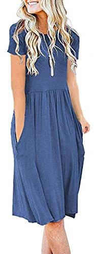 AUSELILY Knälång sommarklänning med fickor, för kvinnor, kortärmad, avslappnad plisserad imperieklänning med vidd, T-shirtklänning, Beja Blue, L