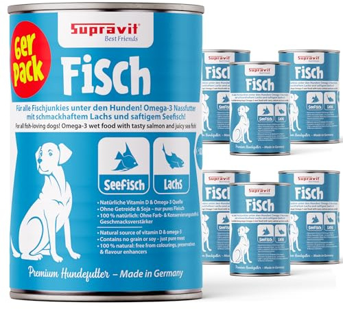 Supravit Nassfutter für Hunde I 6 x 820g Dosen für den Hund | wohltuendes Hundefutter nass Fisch & Lachs I Hunde Nassfutter getreidefrei & ohne Soja I
