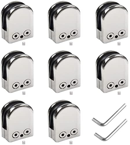LATERN 8 Stück Glasklemmen, Edelstahl Glashalterung Poliert Flacher Rücken Runder Glasclip für 8mm - 10mm Glas Balustrade Treppe Handlauf mit 2Pcs Sechskanttreiber