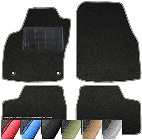 moto-MOLTICO Fußmatten Auto - Velours Autoteppiche | passend für Toyota Aygo I (2005-2014) - 4-teiliges Set - Schwarze Automatten mit Grauen Ziernähten