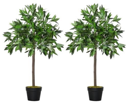 Outsunny Lot de 2 Lauriers Artificiels Topiaires 0,90H m - Noir Vert | Lauriers Boules Artificiels, 564 Feuilles Réalistes par Pied, Tronc Liane, Pot Inclus