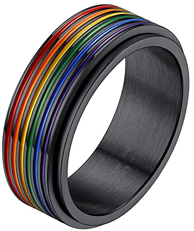 Richsteel shwarz LGBT Fingerring Edelstahl Regenbogen Spinnerring GAY Pride Fingerring in Ringgröße 54 mit Geschenkebox für Paar Pärchen