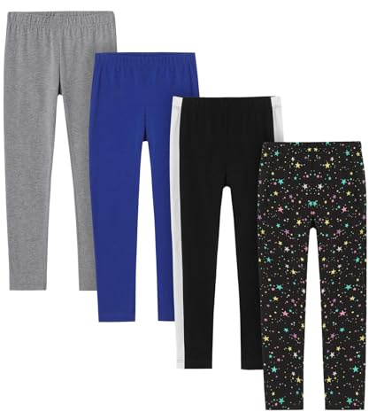 LAPASA flickor 4-pack leggings, sportleggings fritids leggings av bomull, 3-13 år G11, Grå, Blå, Stjärnstoft, Svarta med vitt streck, 9-10 år