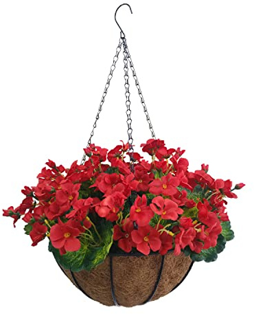 Home And Outdoors Patio Beautiful Silk Artificial Red Begonia Flowers DIY Chain Hanging Basket Flower Pot Holiday Decoration (Medium Basket)