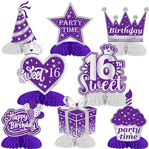 Dekorationen zum 16. Geburtstag, 8 Stück 16. Geburtstag, Wabenaufsätze, lila, silberfarben, Happy 16. Geburtstag, Tischdekoration für Mädchen, 16. Jahre, Party-Tischdekorationen