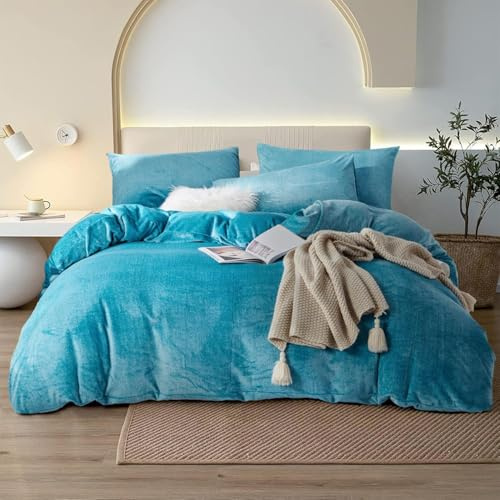 YASMENG Calda biancheria da letto invernale, 155 x 220 cm, colore turchese, soffice e soffice, copripiumino di alta qualità, con chiusura lampo e 2 federe 80 x 80 cm