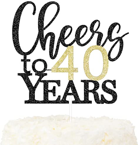 LOVENJOY Cheers to 40 Years Cake Topper Hallo 40. Geburtstag Tortendeko für Happy 40th Birthday Hochzeitstag Party Kuchen Dekoration, Zweiseitiger Glitzer Schwarz und Gold