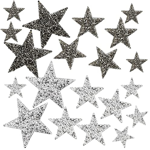 Hyakoz 20 Stück Bügelbilder Strass Aufbügler Strass Applikation Zum Aufbügeln Bügelbilder Glitzer Patches Aufnäher für Hüte, Schuhe, Kleidung, Jeans, DIY, 8/6/4 cm-Silberweiß + Mineralgrau