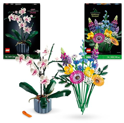 LEGO Icons Botanisches Bundle: Enthält Wildblumenstrauß (10313) und Orchidee (10311), Botanical Collection Set mit künstlichen Blumen und Pflanzen, Basteln für Erwachsene, Geschenk für Sie oder Ihn