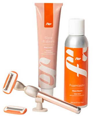 Fler Smooth Skin Set - Maquinilla de Afeitar para Mujer con Soporte y 2 Cuchillas de Repuesto, Espuma de Depilación y Crema Corporal Hidratante, Cuchillas Unisex con Aloe Vera y Vitamina E (Rosa)