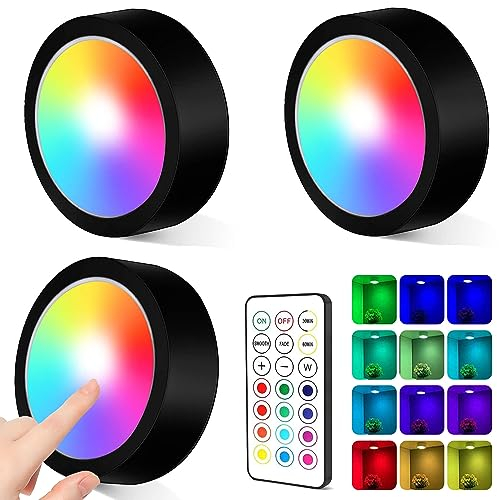 Shengruili LED RGB Spots Batteriebetrieben mit Fernbedienung, Schrankbeleuchtung Kabellos, Kleiderschrank Regal Beleuchtung, Vitrinenbeleuchtung, Dimmbar, Unterbauleuchten