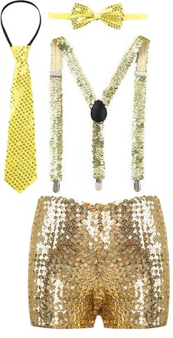 CHICTRY Pailletten Hosenträger Kinder Mädchen Junge Fliege Krawatte Mit Shorts Party Performance Kostüm Accessoire Für Fasching Karneval Mottoparty Gold 104-116