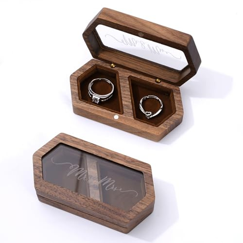 JarThenaAMCS Wooden Ring box Mr & Mrs Wedding Ring Case Rustic Jewelry Storage Box for Ceremony Engagement Valentine's Day Lover Gift Bearer Display Anniversaries Birthday Party Supplies