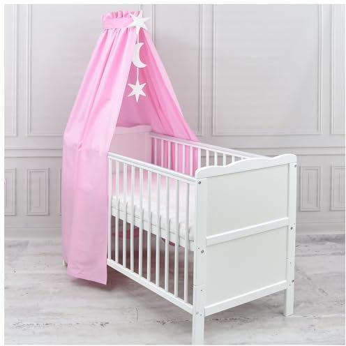 Generisch Baby Delux Babybett Himmel Betthimmel Baumwolle Baldachin für Babybett Kinderbett Wiege Stubenwagen Himmelstange Sterne Mond Applikationen Deko (Rosa, ohne Himmelstange)